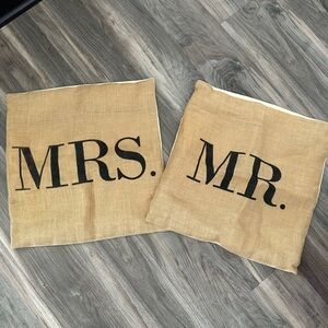 Mr. and Mrs. Burlap Pillow Covers with Black Lettering